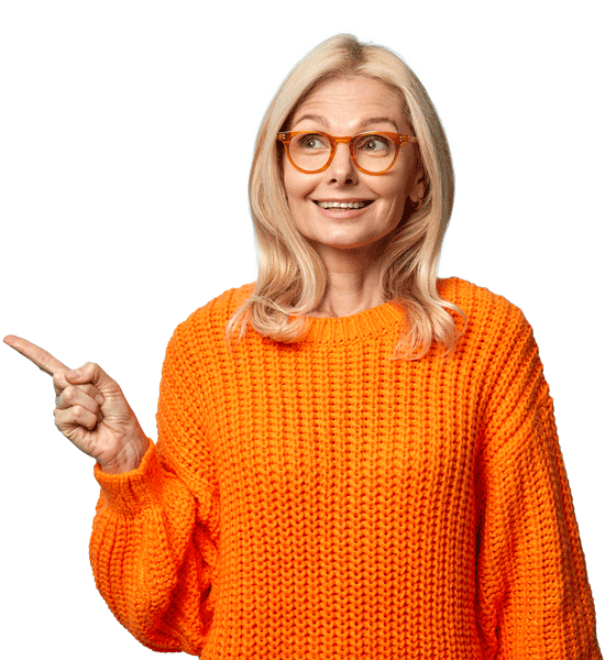 thoughtful-blonde-forty-years-old-european-woman-wears-spectacles-knitted-orange-sweater-pointing-copy-space